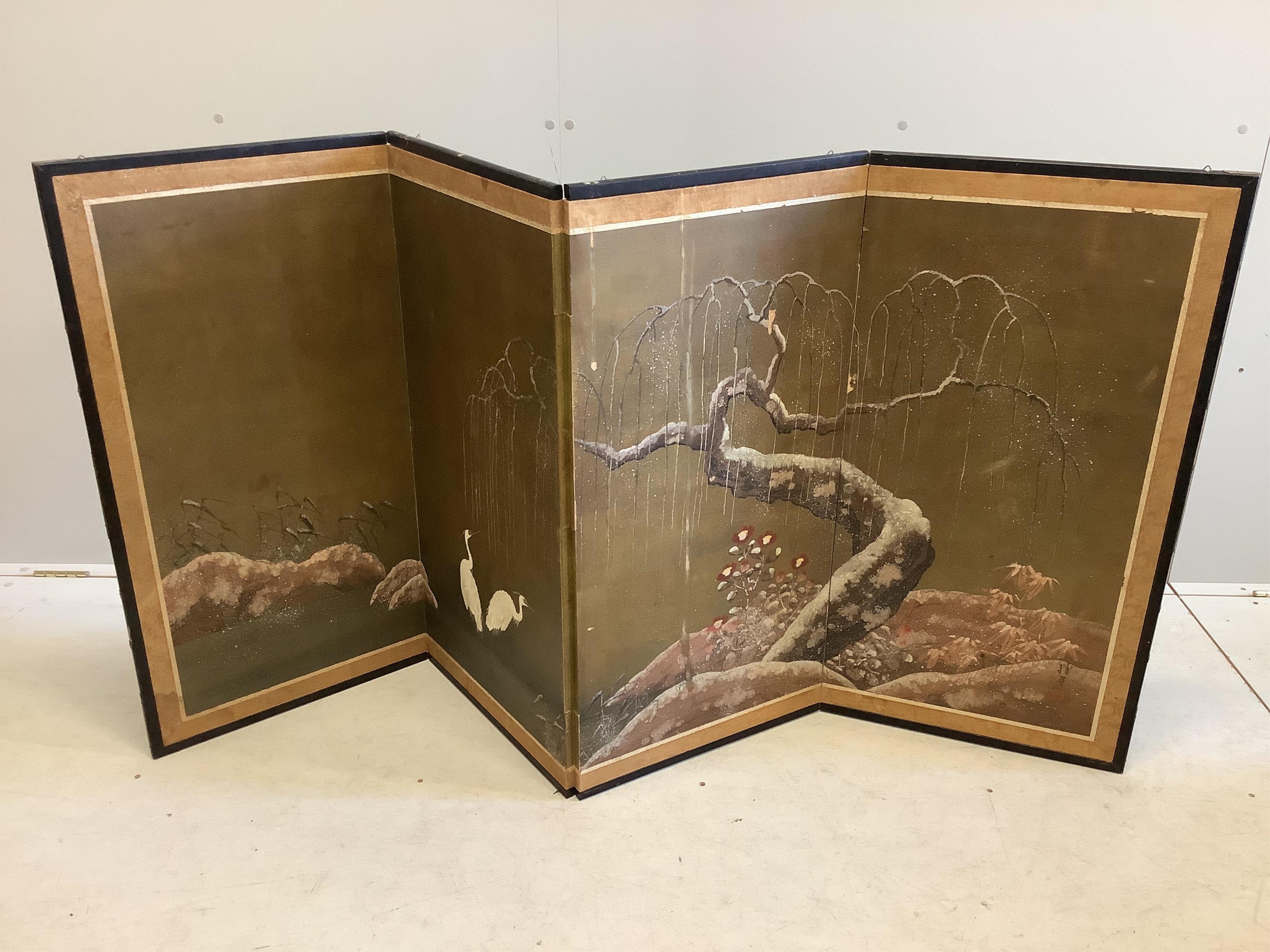 A Chinese four fold screen decorated with Cranes in a landscape, each panel width 47cm, height 91cm. Condition - fair to good